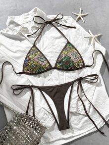 SHEIN Unity 女款亮片掛脖比基尼套裝，2合1性感熱帶海灘度假派對棕色夏季 - 彩色 - 查看 7