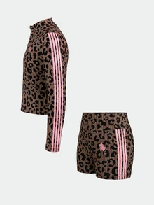 SHEIN Tween Girl Tween Girl Black White Polka Dots Print Mock Neck Zip-Up Jacket Camisole & Bike Shorts 3Pcs Set - Brown - View 5
