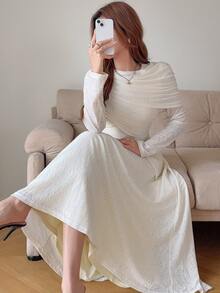 Feyla Gaun Wanita Polos Lengan Panjang Berlipit Elegan Romantis untuk Pernikahan, Kencan, Pesta Teh, Putih, Musim Gugur - Aprikot - View 2