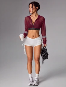 Easithlete Easithlete Mesh Sheer Hooded Ultra Short Sports Sweatshirt - Burgundy - View 5