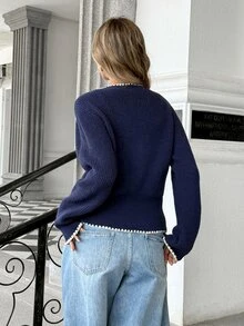 SHEIN PariChic Women's Round Neck Knit Cardigan, Blue & White Color-Block, Asymmetric Front & Metal Buttons, Contrasting Trim For Office & Daily Wear, Fall/Winter - Royal Blue - View 2