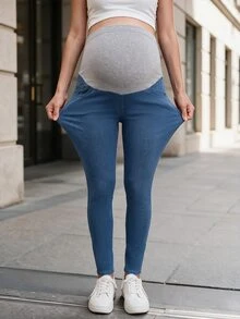 SHEIN Maternity Bow Embroidery High Elasticity Minimalist Denim Skinny Jeans - Light Wash - View 4