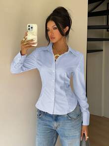 SHEIN EZwear 藍白條紋交叉繫腰女款襯衫 辦公商務 秋季休閒 - 藍色 - 查看 6