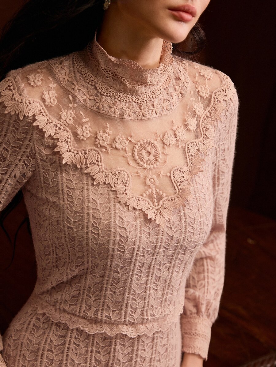 MOTF PREMIUM WOMEN'S AUTUMN/WINTER LACE MOCK NECK RUFFLE PATCHWORK CINCHED WAIST ASYMMETRICAL HEM DRESS - Dusty Pink - View 2