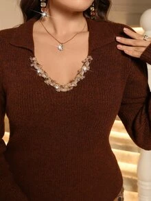 Miaspire Plus Size Women's Fashion Elegant Sequin Braided Neckline Decor Lapel Brown Slim Fit Pullover Sweater Casual Versatile Commute Autumn/Winter Top - Brown - View 6