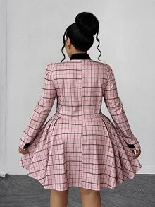 Maweii Plus Size Vintage Sweet Plaid Cinched Waist Button Pleated Dress Fall - Multicolor - View 4