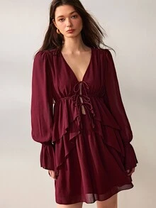 Willow Rêve Women's Burgundy High Waist Ruffle Hem Chiffon Dress, Multi-Tie Deep V Neckline, Solid Color Romantic Sweet & Spicy Bohemian Style, Suitable For Vacation, Date, Party Wear - Brown - View 6
