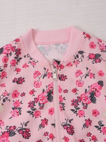 SHEIN 青少年女孩返校休閒花卉數位印花棒球夾克 羅紋袖口 春秋款 - 粉色 - 查看 3
