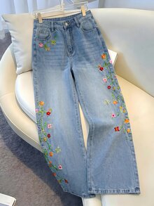 SHEIN PETITE Women's Floral Embroidered Pocket Wide Leg Loose Casual Denim Jeans - Blue - View 2