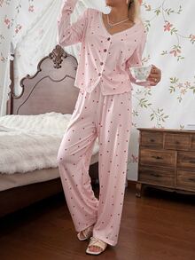 CottageSlumber PINK Heart Print Ribbed Knit Contrast Lace Cardigan Casual Women's Pajama Set - Pink - View 4