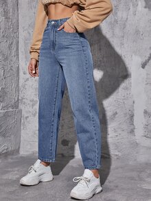 SHEIN EZwear 女款高腰口袋休閒百搭牛仔褲 - 淺色水洗藍 - 查看 6