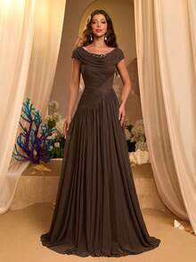 Glamrae Elegant Romantic Beaded Sequin Patchwork Elastic Knit Mesh Ruched Cowl Neck Flared Evening Gown Wedding Gala Dinner Prom Vacation Ball Festival Fall - Brown - View 4