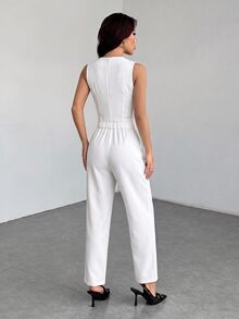 SHEIN PETITE 休閒無袖開襟背心與寬鬆長褲套裝，適合秋冬穿著 - 白色 - 查看 2
