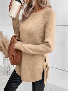 SHEIN Autumn/Winter Casual Versatile Solid Color Side Slit Lace-Up Sweater - Apricot - View 6