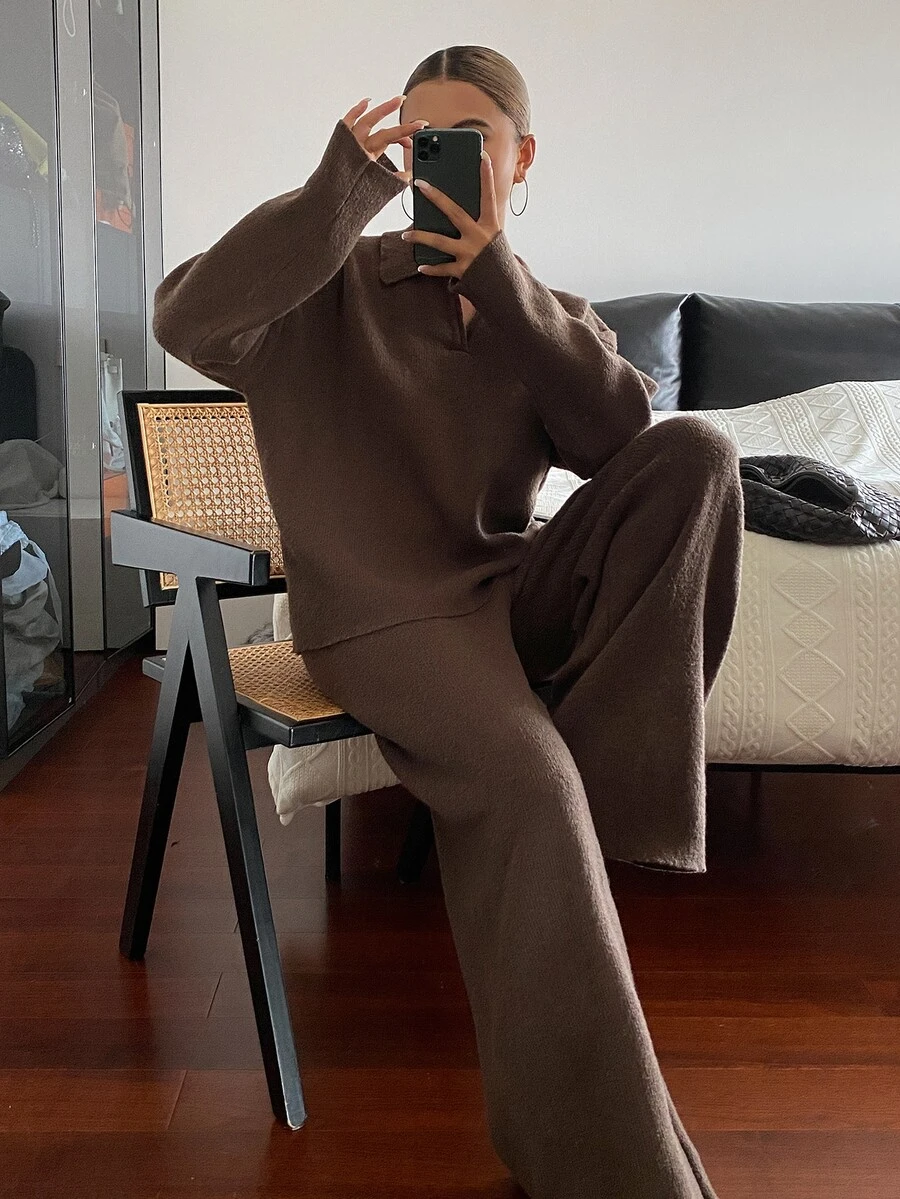 DAZY Autumn/Winter Women's Loose Knit Sweater & Wide Leg Straight Pants Two Pieces Set, Deep Coffee Color, Casual Daily Commute - Coffee Brown - View 1