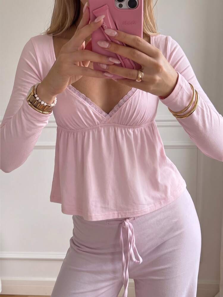 CovetEZ Pink Lace Trim Casual Women's T-Shirt - Pink - View 5