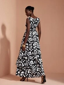 JIAN LASALA Black And White Double Ruffle Layers V Neck Sleeveless Long Dress Vacation Party Elegant - Black and White - View 2