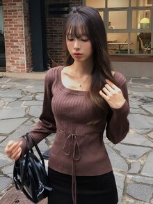 DAZY Solid Color Fitted Oversized Scoop Neck Long Sleeve Drawstring Tie Elegant Vacation Spring Autumn Pullover Knit Sweater - Brown - View 4