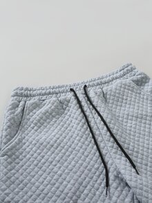 Manfinity Homme 男士連帽衛衣套裝，灰色與白色拼接設計連帽衛衣搭配抽繩長褲，純色菱格紋提花面料，標籤細節設計，休閒運動套裝，秋冬極簡休閒居家/戶外/通勤 - 彩色 - 查看 6