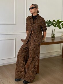 Livesso Brown Leopard Print Lapel Long Sleeve Single-Breasted Shirt With Matching Wide Leg Pants Casual 2 Pieces Set Fall - Black - View 1