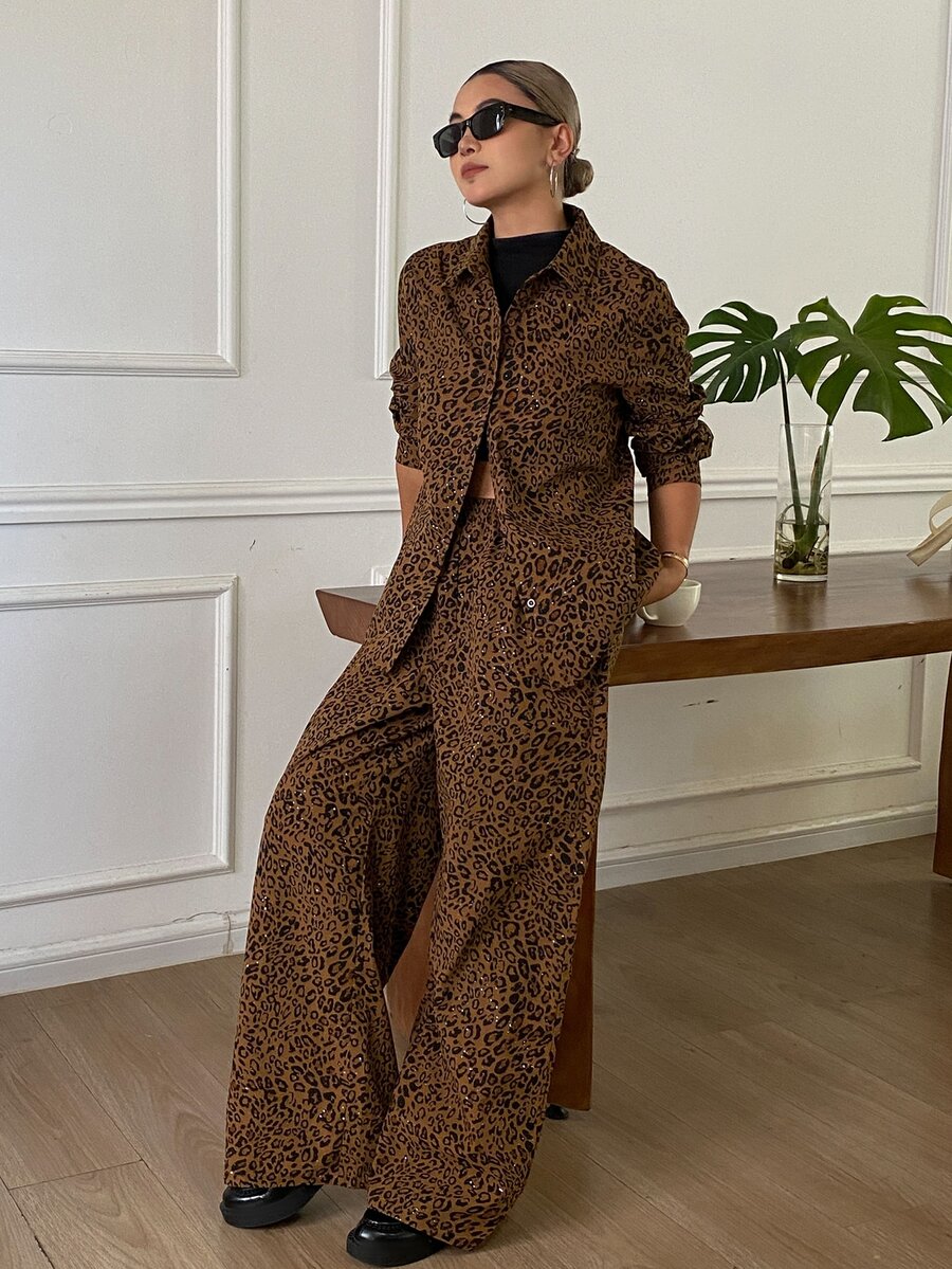 Livesso Brown Leopard Print Lapel Long Sleeve Single-Breasted Shirt With Matching Wide Leg Pants Casual 2 Pieces Set Fall - Black - View 1