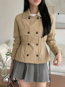 DAZY 女款純色雙排扣長袖休閒風衣外套，秋冬款 - 卡其色 - 查看 6
