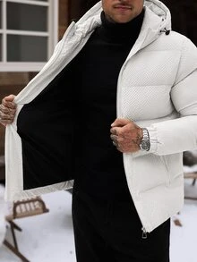 Manfinity Homme 男士米色華夫格紋絎縫連帽羽絨外套，拉鍊開合附口袋，寬鬆短版秋冬休閒街頭校園穿搭外套 - 杏色 - 查看 7