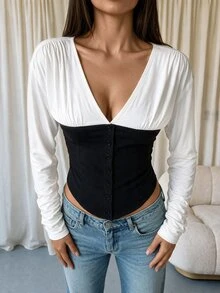Coastalzia Two Tone V Neck Ruched Long Sleeve Corset Top, Color Block Button Front Slim Fitted Crop Blouse - Multicolor - View 4