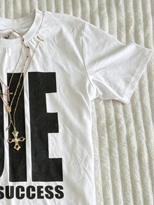 SHEIN Plus Size Summer Casual Letter Print T-Shirt - White - View 3
