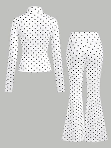 Girlism 青少年女孩黑白波點夾克與喇叭褲2件套，返校秋季穿搭 - 白色 - 查看 2