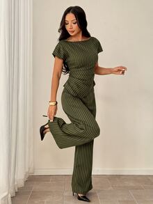 SHEIN PETITE 女款橄欖綠圓領不對稱下擺襯衫與寬腿褲套裝 教師節 辦公室工作 商務 夏季休閒 商務專業 - 軍綠色 - 查看 7