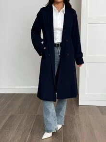 SHEIN PETITE 女款休閒雙排扣風衣外套，秋冬款 - 寶藍色 - 查看 5