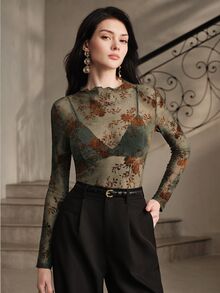 Anewsta Spring/Summer Morandi Grey Green Flocked Floral Mesh Base Layer, Wavy Lace Trim Slim Fit Long Sleeve Inner Top - Green - View 5