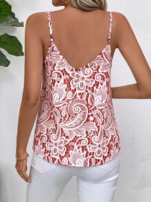 SHEIN Clasi 女款蕾絲印花休閒細肩帶背心 - 粉色 - 查看 2