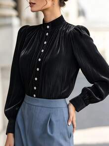 Balvessa 女款優雅純色立領燈籠袖襯衫，秋季晚餐辦公室穿著，黑色 - 黑色 - 查看 3