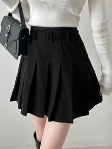 FRIFUL Women's Fashion Versatile Solid Color Pleated Skirt Fall - Black - View 6