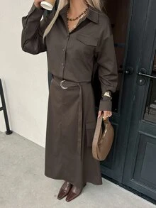 DAZY 女款純色落肩長袖單排扣襯衫與工裝裙休閒兩件套 秋季 - 灰色 - 查看 4