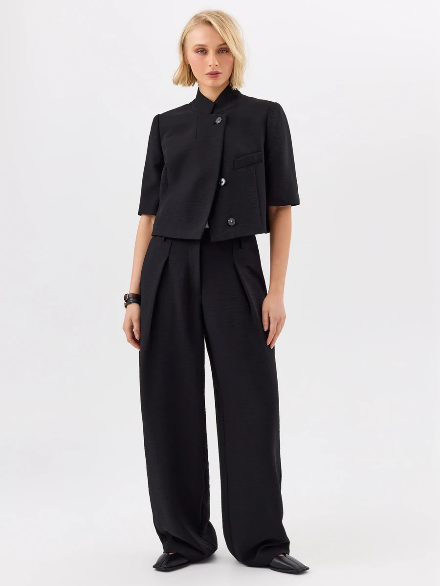 KÆRIA Hus Architectural Stand Collar Cropped Blazer - Textured Tailoring - Black - Matching Suit, Business, Set Office, Work, Classic, Cropped, Chic - Black - View 1