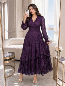 Auveirra Plus Size Women V-Neck Long Sleeve Patchwork Ruffle Elegant Lace Dress Fall - Purple - View 5