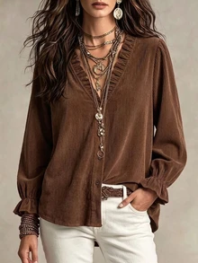 EMERY ROSE Women's Solid Color Frill Trim V-Neck Long Sleeve Casual Blouse - Coffee Brown - View 5
