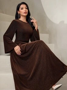 Veilorie Women's Elegant Bell Sleeve Arabian Dress - Coffee Brown - View 1