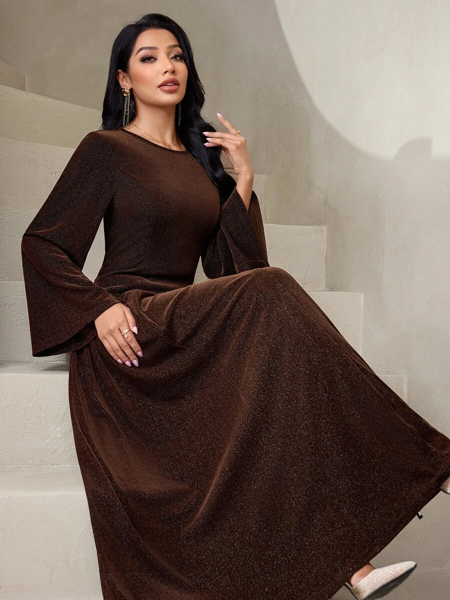 Veilorie Women's Elegant Bell Sleeve Arabian Dress - Coffee Brown - View 1