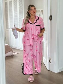 Slumberry CURVE Plus Size Women's Bowknot Pink Short Sleeve Single-Breasted Top And Pants Pajama Set Night Summer - Pink - View 5