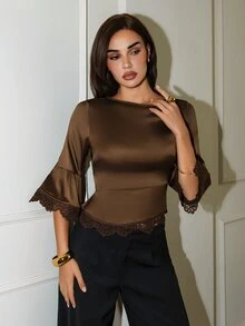 Allurite Autumn Bell Sleeve Satin Patchwork Lace Trim Asymmetrical Hem Top Dinner Dark Brown Elegant - Coffee Brown - View 4