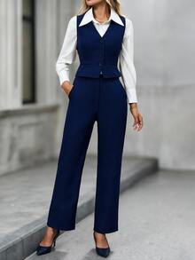 EMERY ROSE Women's Solid Color Single-Breasted Lapel NeckJacket, Vest And Pants Casual Suit Set Autumn Winter - Navy Blue - View 6