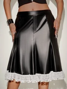 Orbivine Plus Size Women's Lace Patchwork PU Leather Fashion Goth Sexy Versatile Skirt Halloween Party Night Black And White Autumn Fall - Black - View 6
