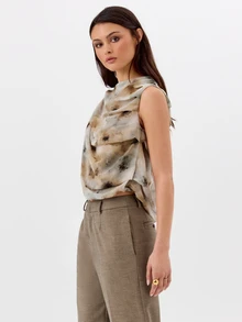 KÆRIA Hus Sleeveless Draped Cowl Neck Top - Whisper Chiffon - Abstract Blur Print - Draped, Going Out Top, Sheer - Multicolor - View 3