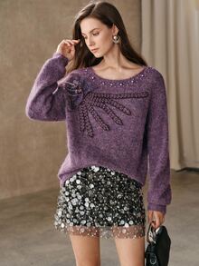 Anewsta French Autumn/Winter High-End Fashion Design Elegant Sophisticated Evening Style Heavy Beaded & Rhinestone Embellished Floral Stamen Sweater - Violet Purple - View 6