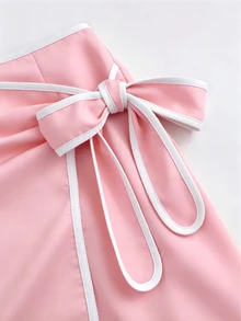 SHEIN Franclia 亞洲新中式簡約小立領無袖上衣與對比色裙子兩件套，杏色 - 粉色 - 查看 8