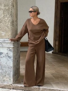 DAZY Autumn/Winter V-Neck Loose Drop Shoulder Sweater & Wide Leg Long Pants Casual Commute Daily Women's Knitwear Two Pieces Set - Coffee Brown - View 5